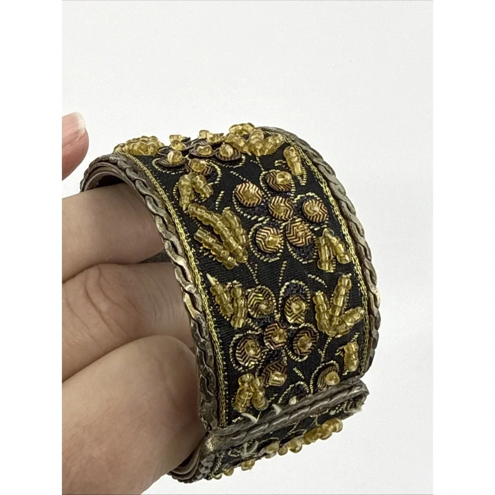 Vtg Ottoman Style Hinged Clamper Bracelet Tribal Ethnic Beaded Fabric Silver Ton
